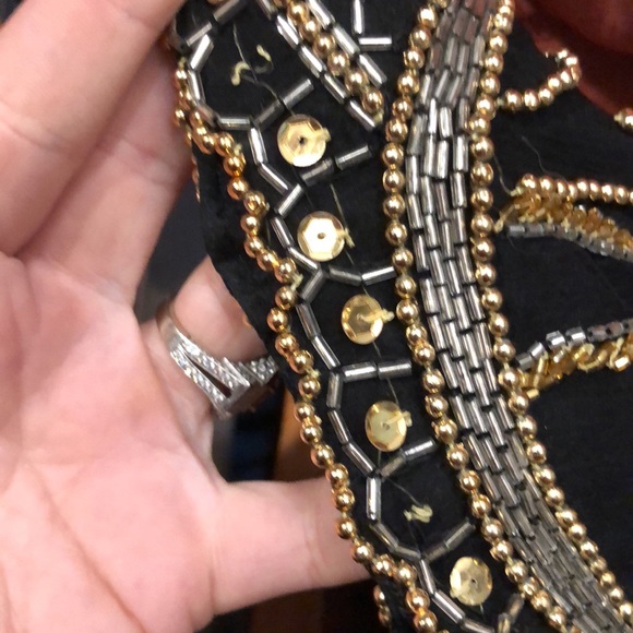Vtg Women's Silk Beaded Blouse, Black & Gold, Maximalist, Short Sleeve, L / M - Picture 9 of 11